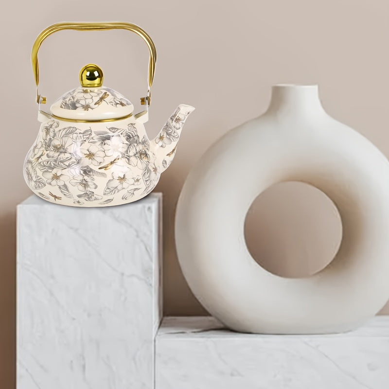 Vintage Enamel Tea Kettle with Gold-Plated Steel Handle 1100W Non-Electric Water Boiler