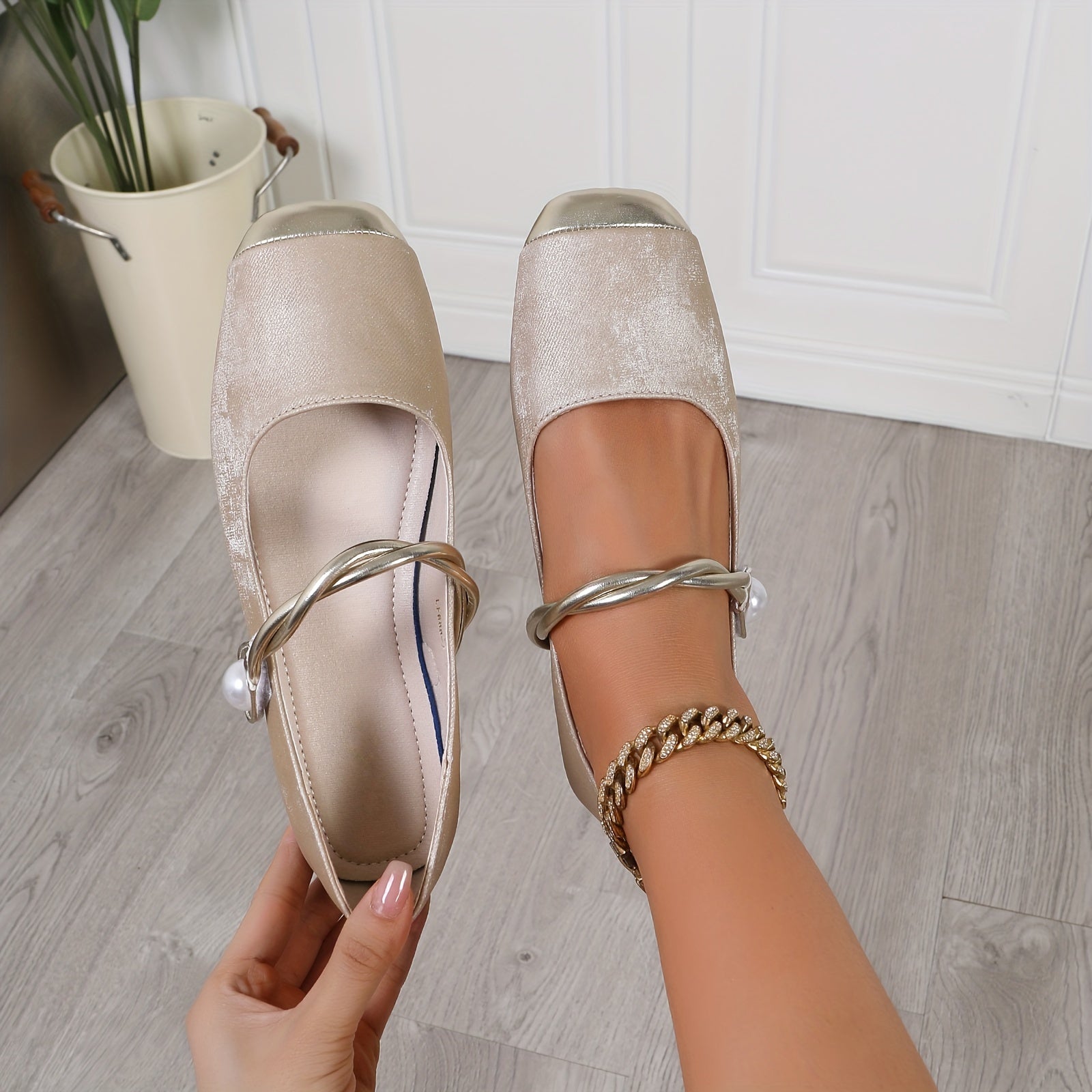 Zapatos planos para mujer elegantes con punta cuadrada, correa en el tobillo, perlas falsas, cristales, ligeros, para todas las estaciones