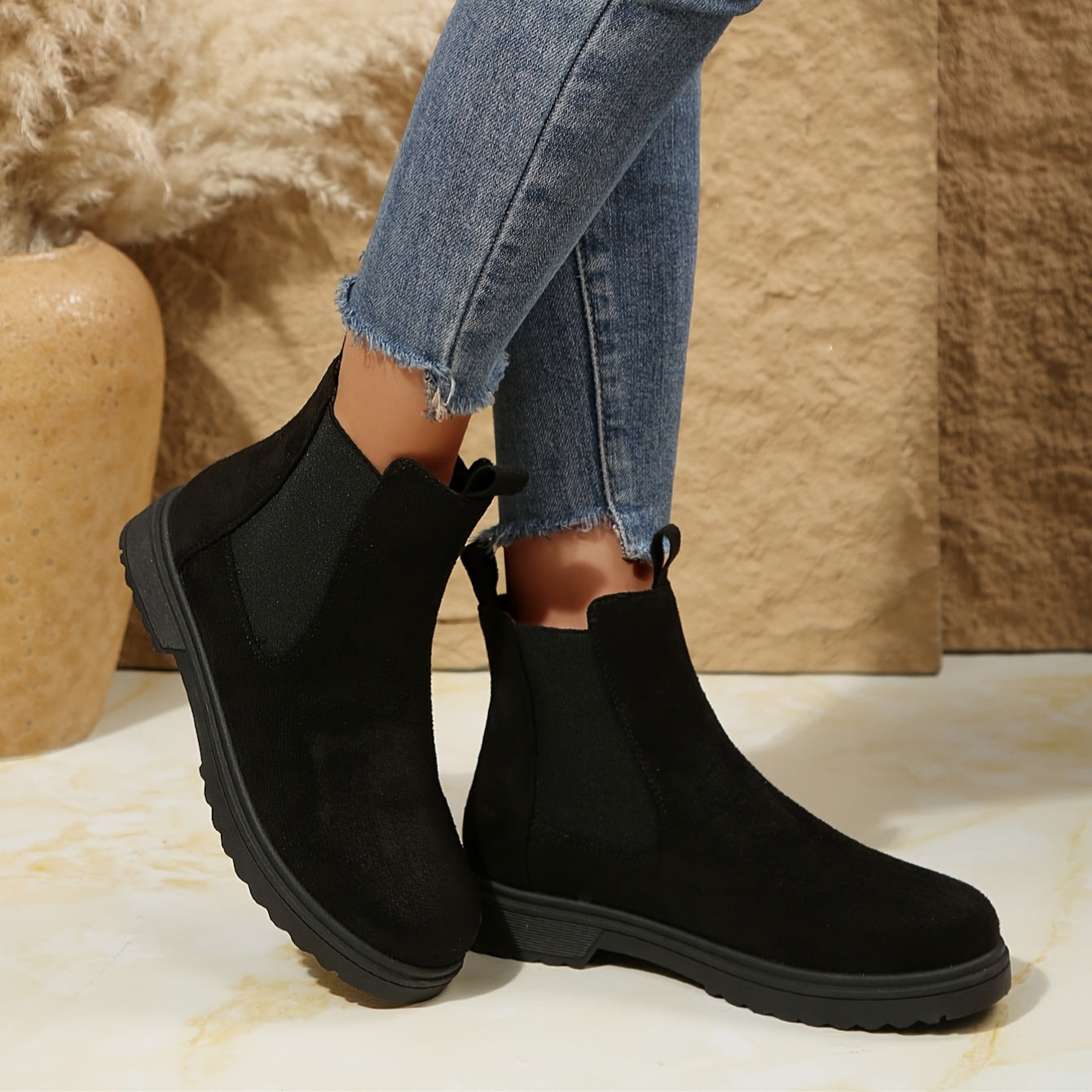 Women's Black Fleece-Lined Slip-On Ankle Boots with Cushioned Sole