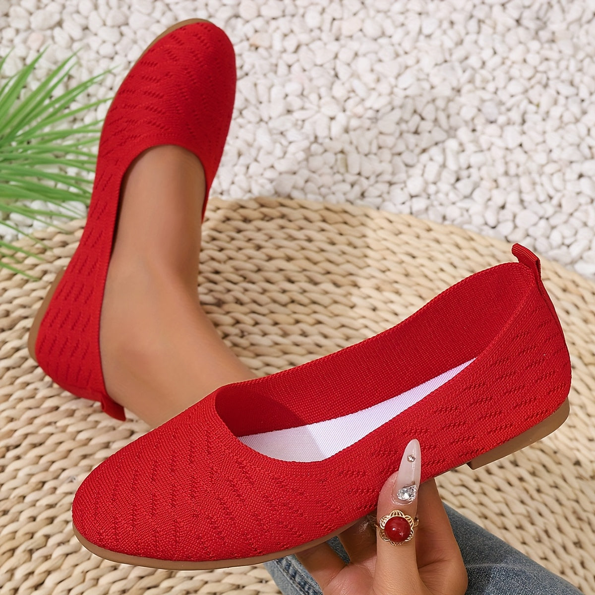 Women's Red Mary Jane Flats Casual Slip-On Shoes with TPR Sole