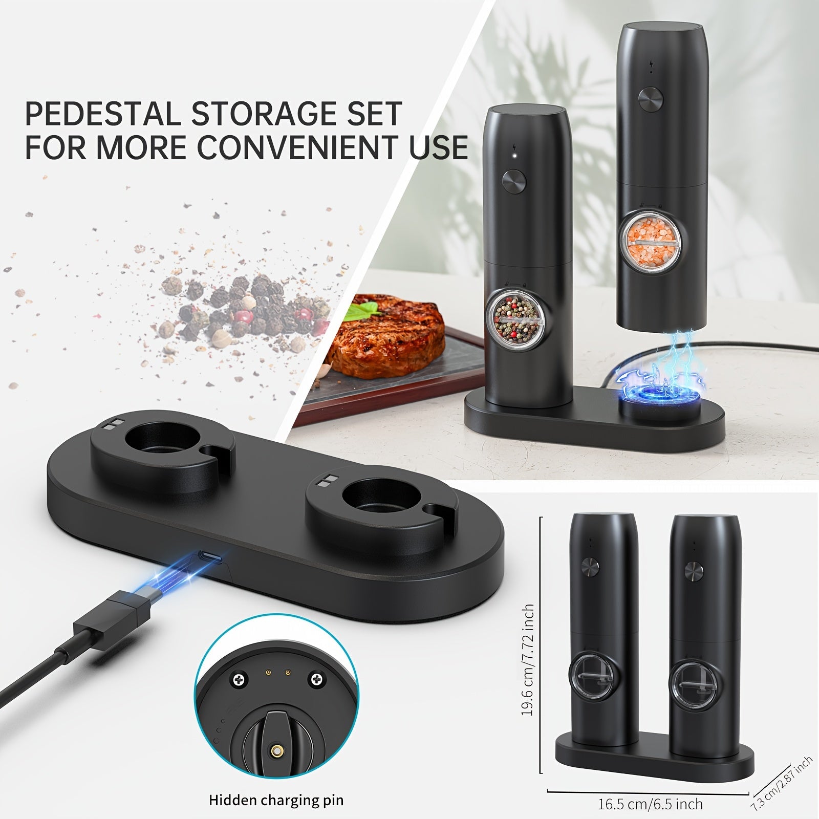 Rechargeable Electric Pepper Grinder Automatic USB Rechargeable Battery Black White Compact