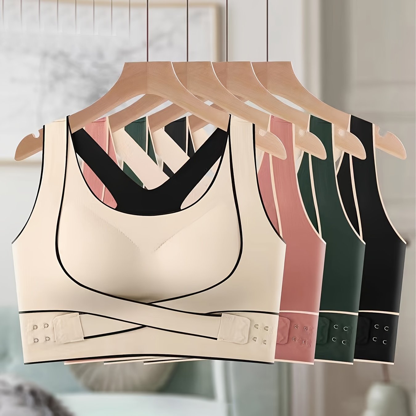 Women's Sports Bras Pack of 4 Front-Closure Yoga Running Bras with Attractive Back Design