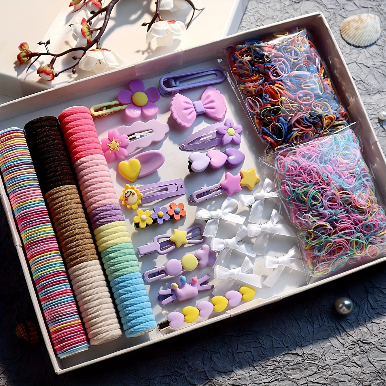 Hair Accessory Set with 2170 Pieces Floral Resin Clips and Seamless Bands for Girls and Women