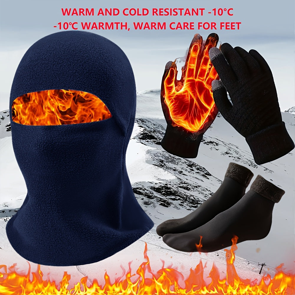 Men's Winter Fashion Set Thick Windproof Earflap Hat Touch Gloves Socks Polyester Knit Warm Cold Resistant