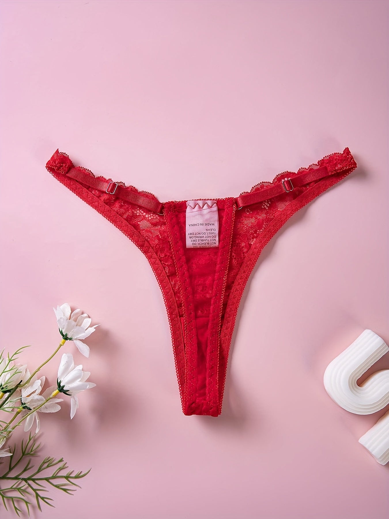 Red Lace Thong Panties with Floral Print and Bow Detail Low Rise V-Shaped Design Breathable Polyester Blend