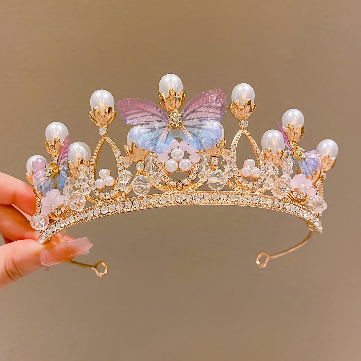 Rhinestone Princess Tiara with Faux Pearls for Weddings and Parties