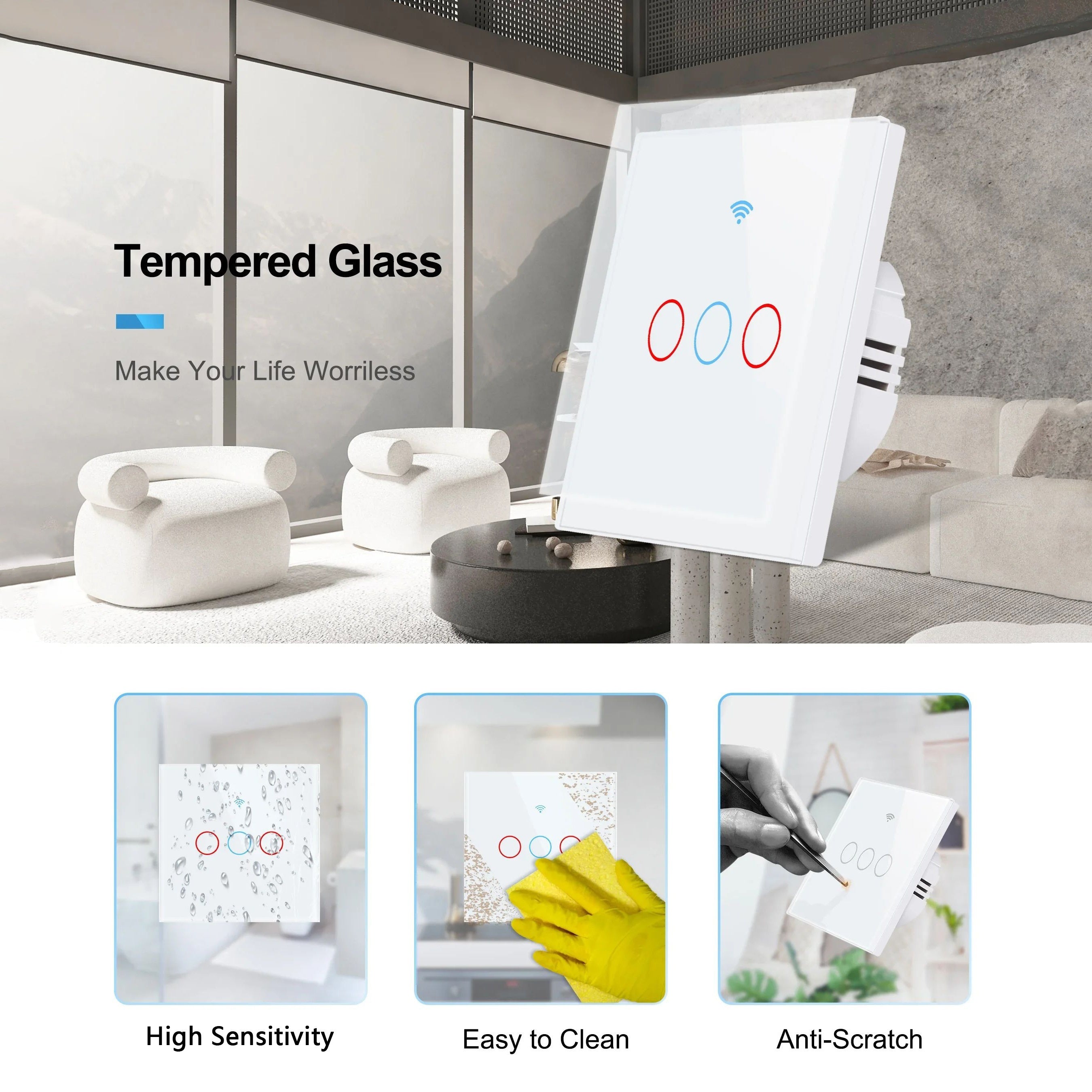 Smart Touch Wall Switch WiFi App Control Tempered Glass 86mm Single or Zero Wire Replacement in White or Golden