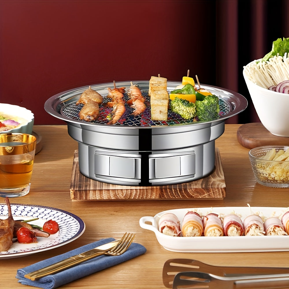 Sayohat uchun mo'ljallangan, tashqarida yurish va oshxona uchun ideal bo'lgan portativ stainless steel BBQ grill. Non-stick, go'sht va sabzavotlarni grill qilish uchun mukammal.