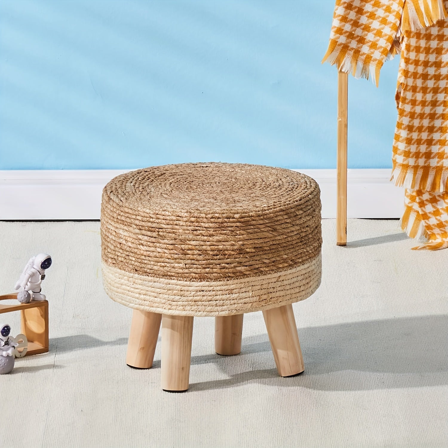 Handwoven Seagrass Round Footstool with Pine Wood Legs Non-Skid Base Rustic Home Decor