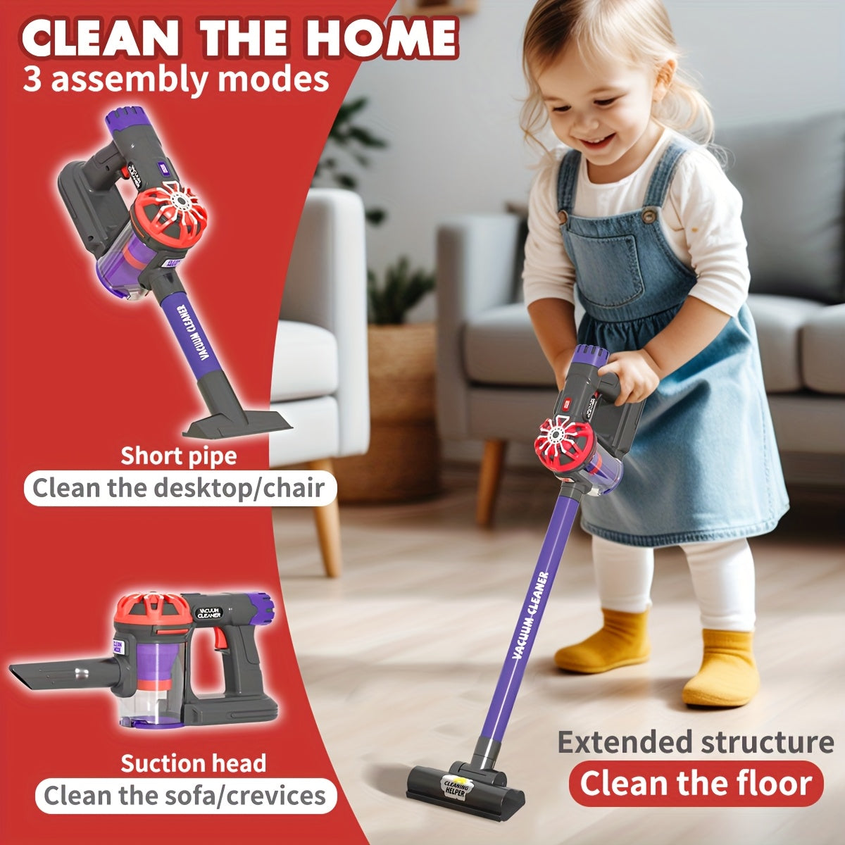 Kids 3-in-1 Cordless Vacuum Toy Set with Real Suction Power for Pretend Play
