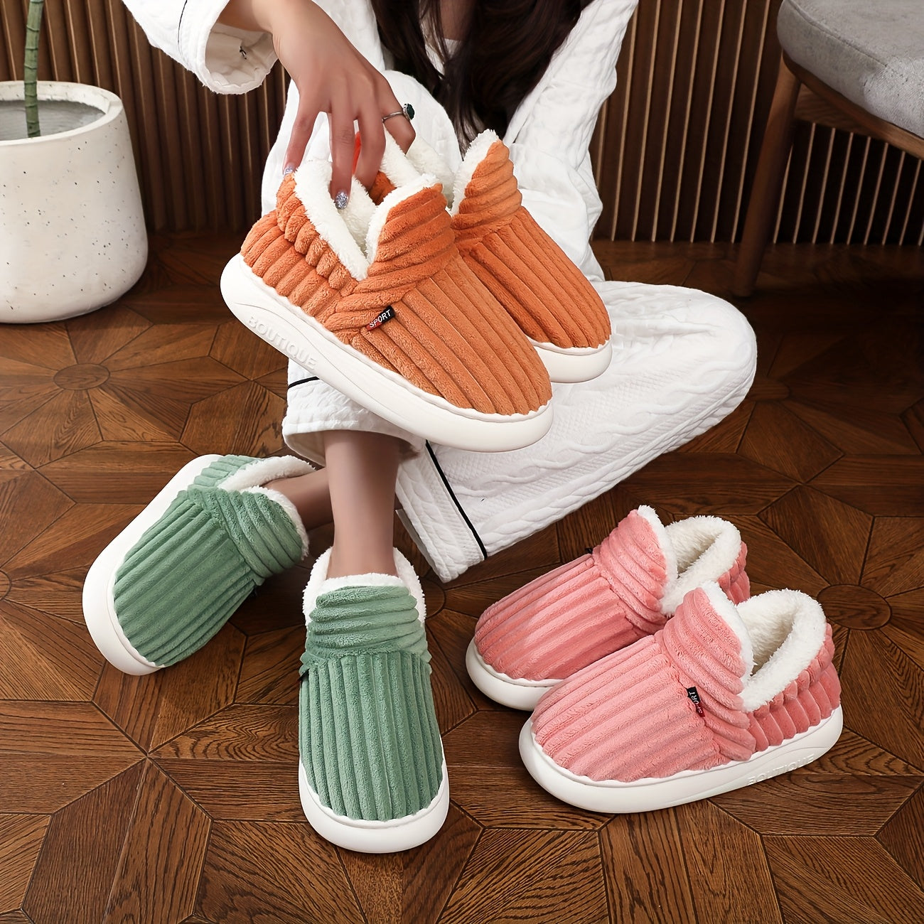 Women Thick Solid Color Winter Shoes Plush Lined Anti-Slip EVA Indoor Outdoor