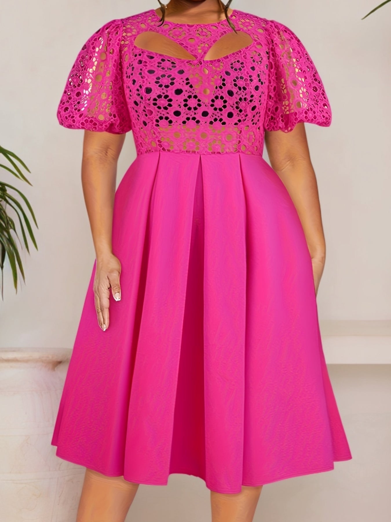 Women's Lace-Trimmed A-Line Midi Dress with Puff Sleeves Spring Green