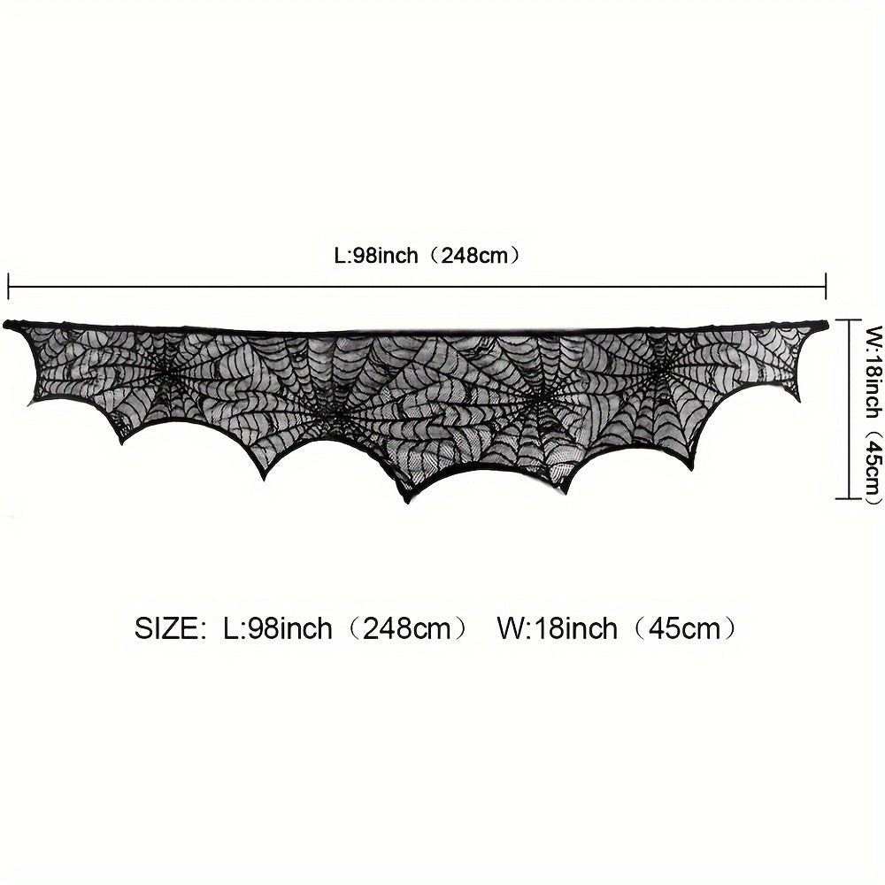 Black Lace Fireplace Scarf with Spiderweb Design, 50.8x200.66 cm, Halloween Decor