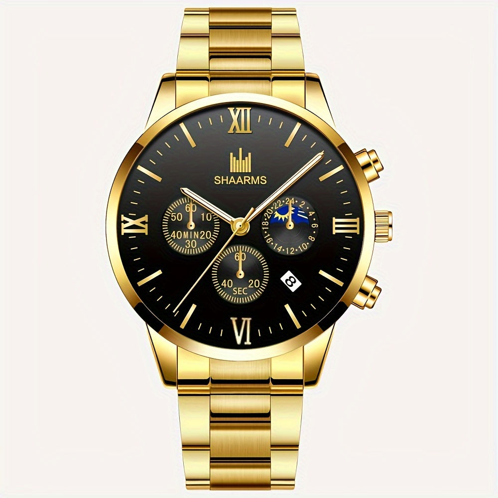 Men's Stainless Steel Quartz Watches with Calendar, Casual and Sport Styles