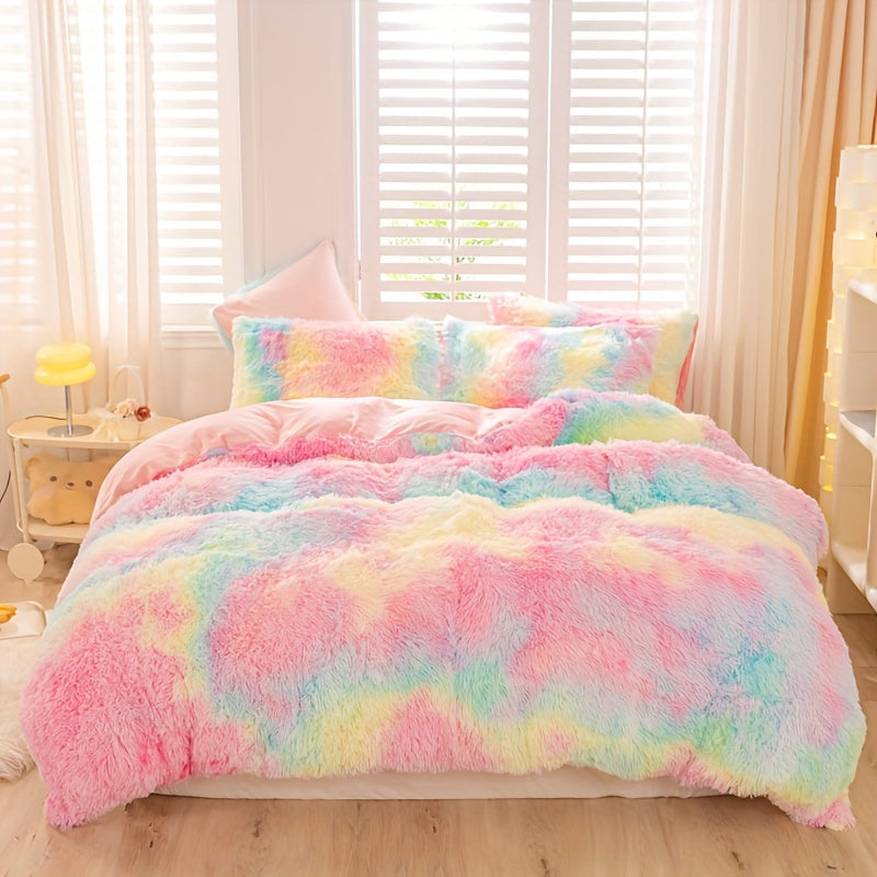 Y2K Tie Dye Plush Duvet Cover Set Includes 1 Duvet Cover and 2 Pillowcases Soft Warm Bedding