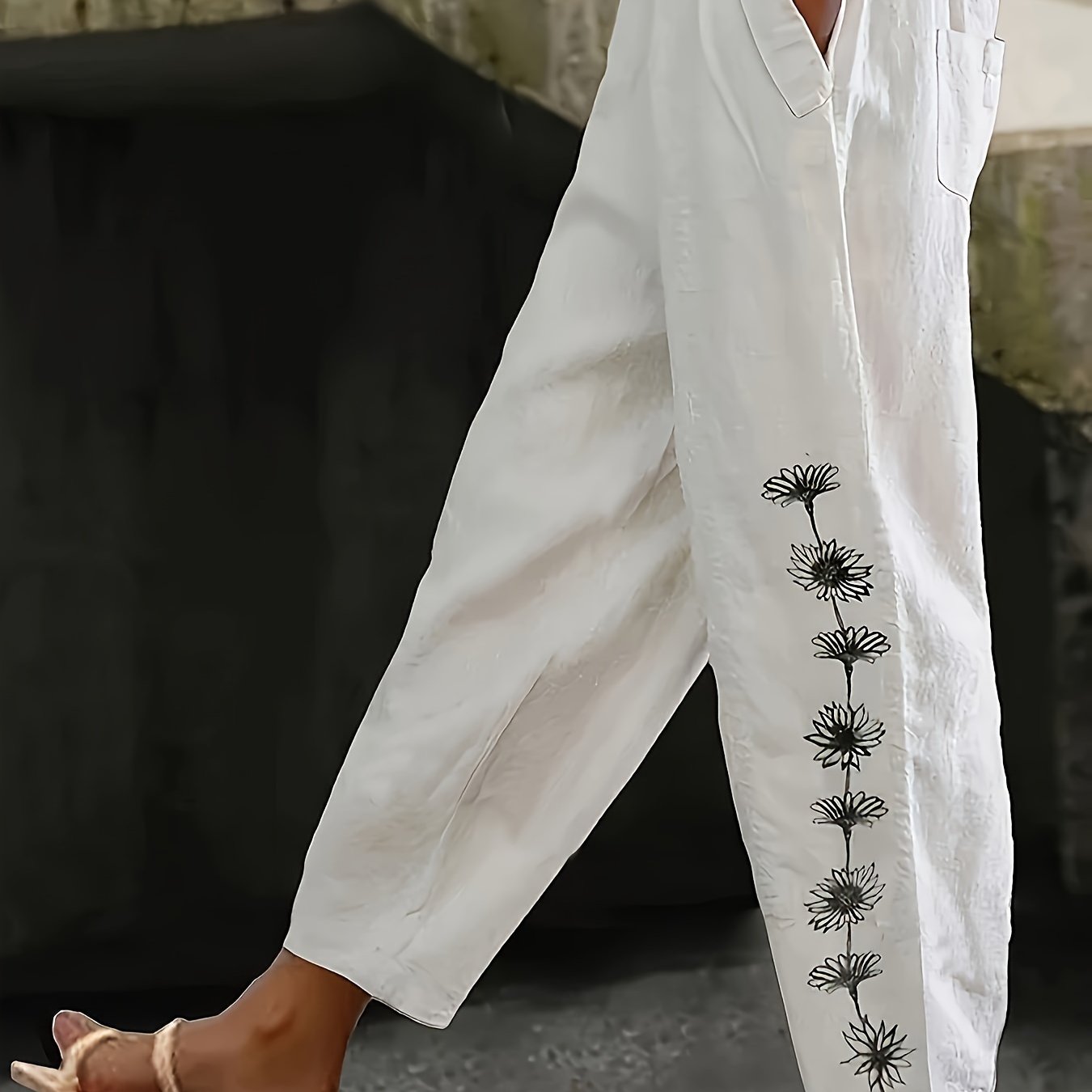 Women's White Casual Pants Lucound Fit Elastic Waist Dandelion Print