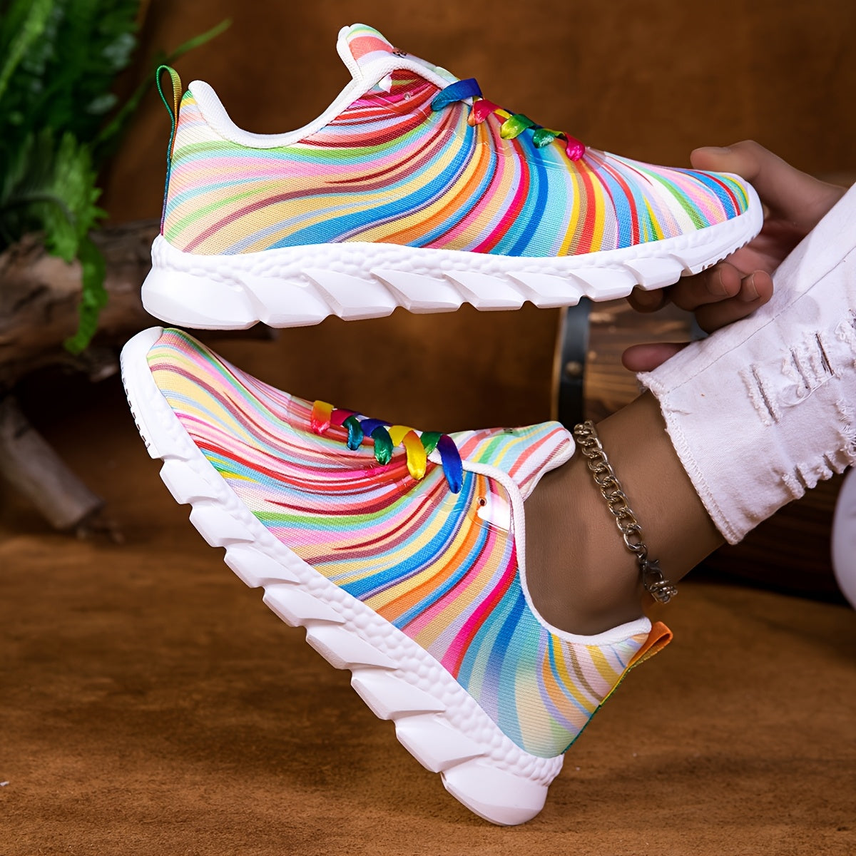 Women's Casual Sneakers Low Top Breathable Fabric Rainbow Stripes Lightweight Shoes