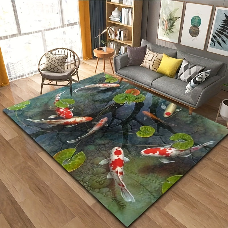 Koi Fish Pond Design Area Rug Non-Slip Washable Polyester Flannel 1cm Thick