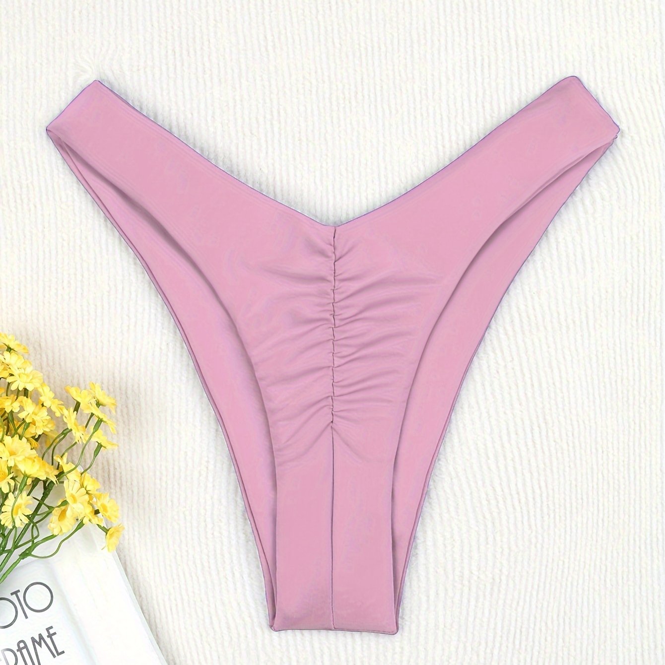 Women's Solid Color High Stretch Nylon Pleated Thong Bikini for Beach Vacation