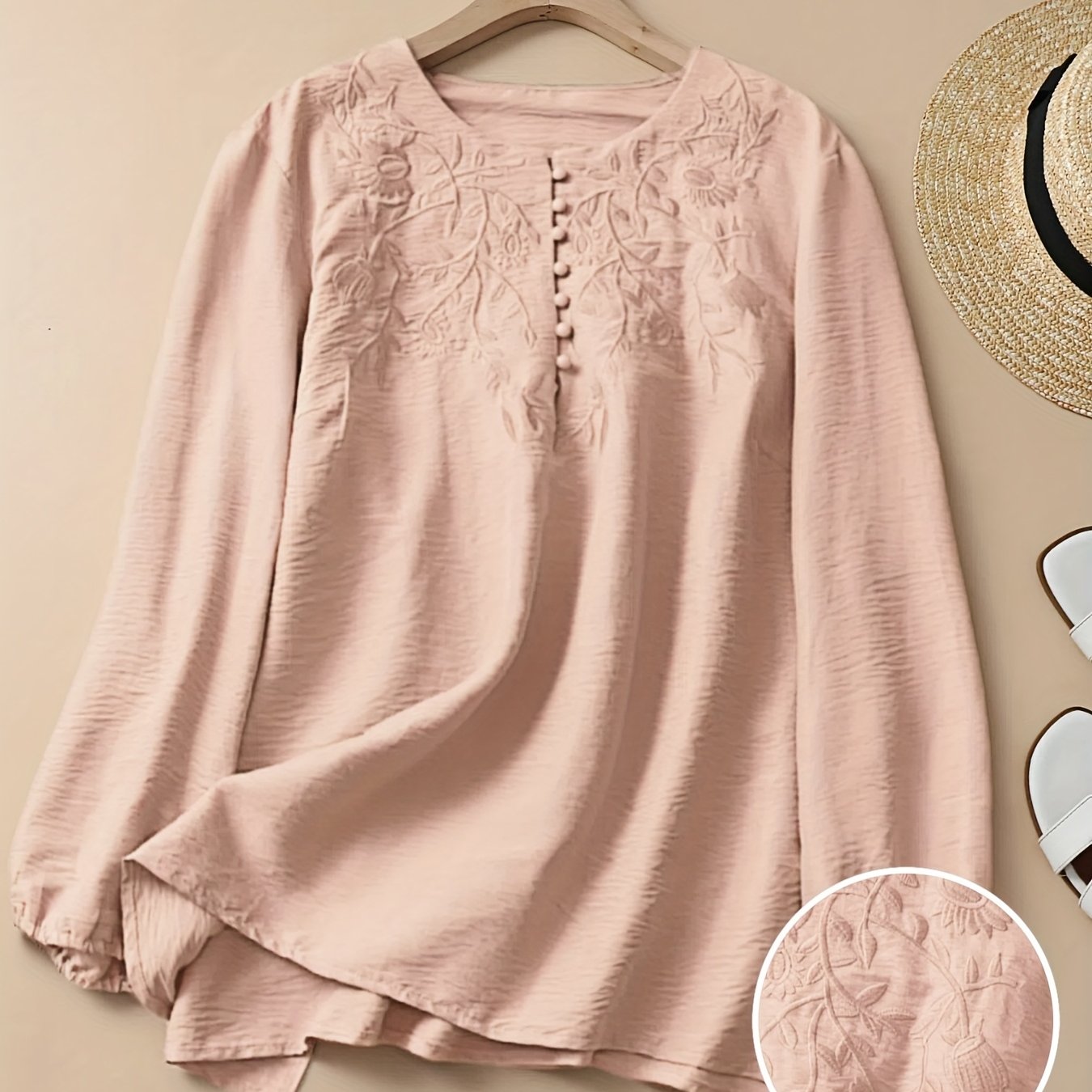 Floral Embroidered Long Sleeve Shirt for Women Made of Polyester and Spandex