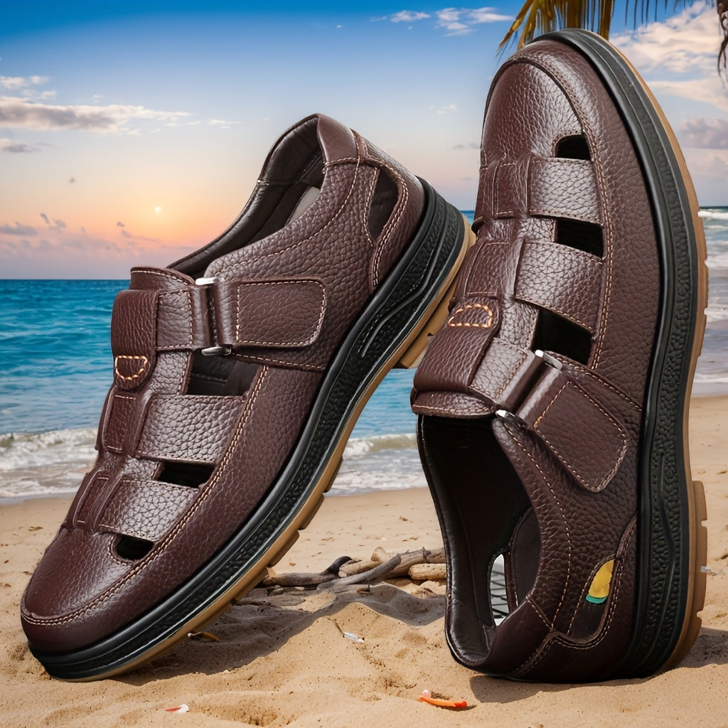 Men's Summer Casual Shoes Hollow-Out Cowhide Non-Slip Rubber Breathable Beach Sandals for Hiking Outdoor