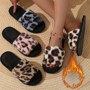 Women's Leopard Print Fuzzy Open-Toe Slippers Plush Warm House Shoes