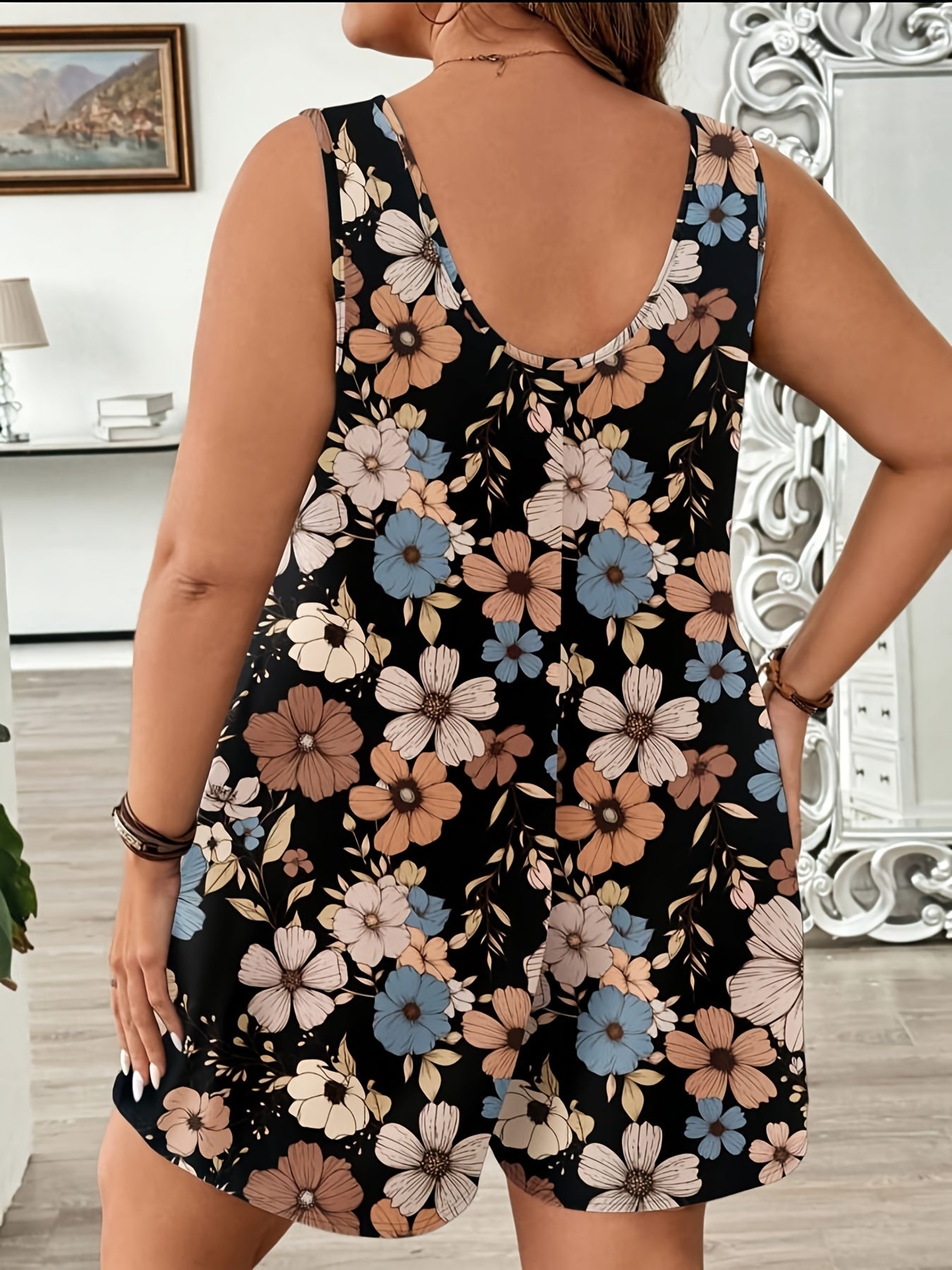 Plus Size Women's Floral Comfortable Jumpsuit with Pockets
