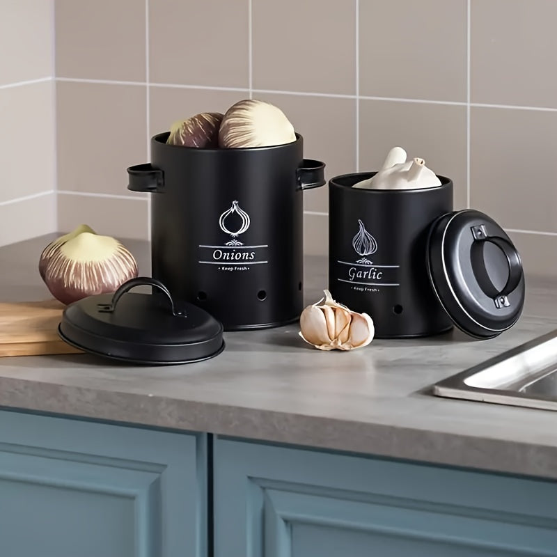 Metal Storage Canister Set 3 Pieces for Garlic Onions Potatoes Vent Holes