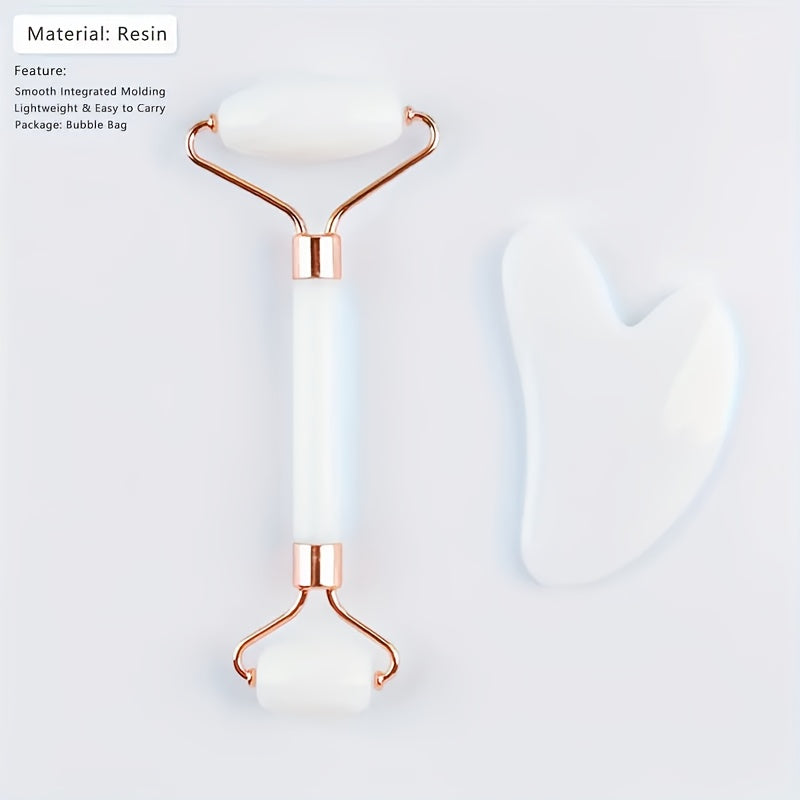 Набор инструментов для массажа лица: ролик с двумя головками и гуаша в форме сердца в розовом и белом