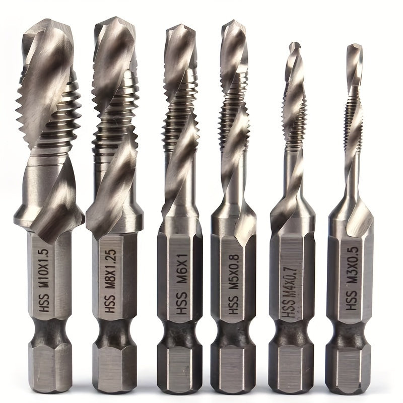 6-Piece Titanium Drill and Tap Bit Set 1/4 Inch Hex Shank M3-M10 High-Speed Steel
