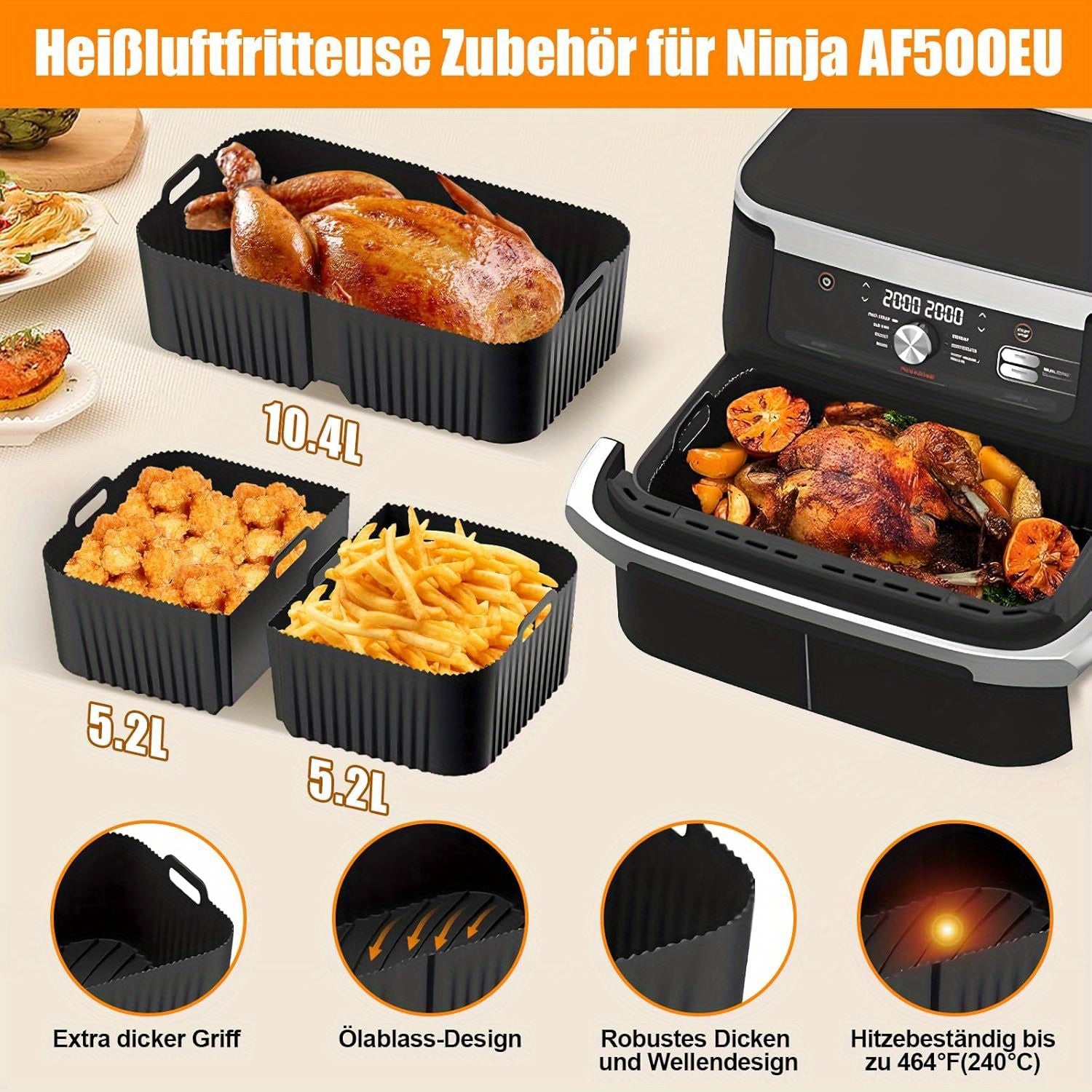 Air Fryer Accessories for Ninja Foodi Flexdrawer 10.4L and 2 x 5.2L Silicone Liners