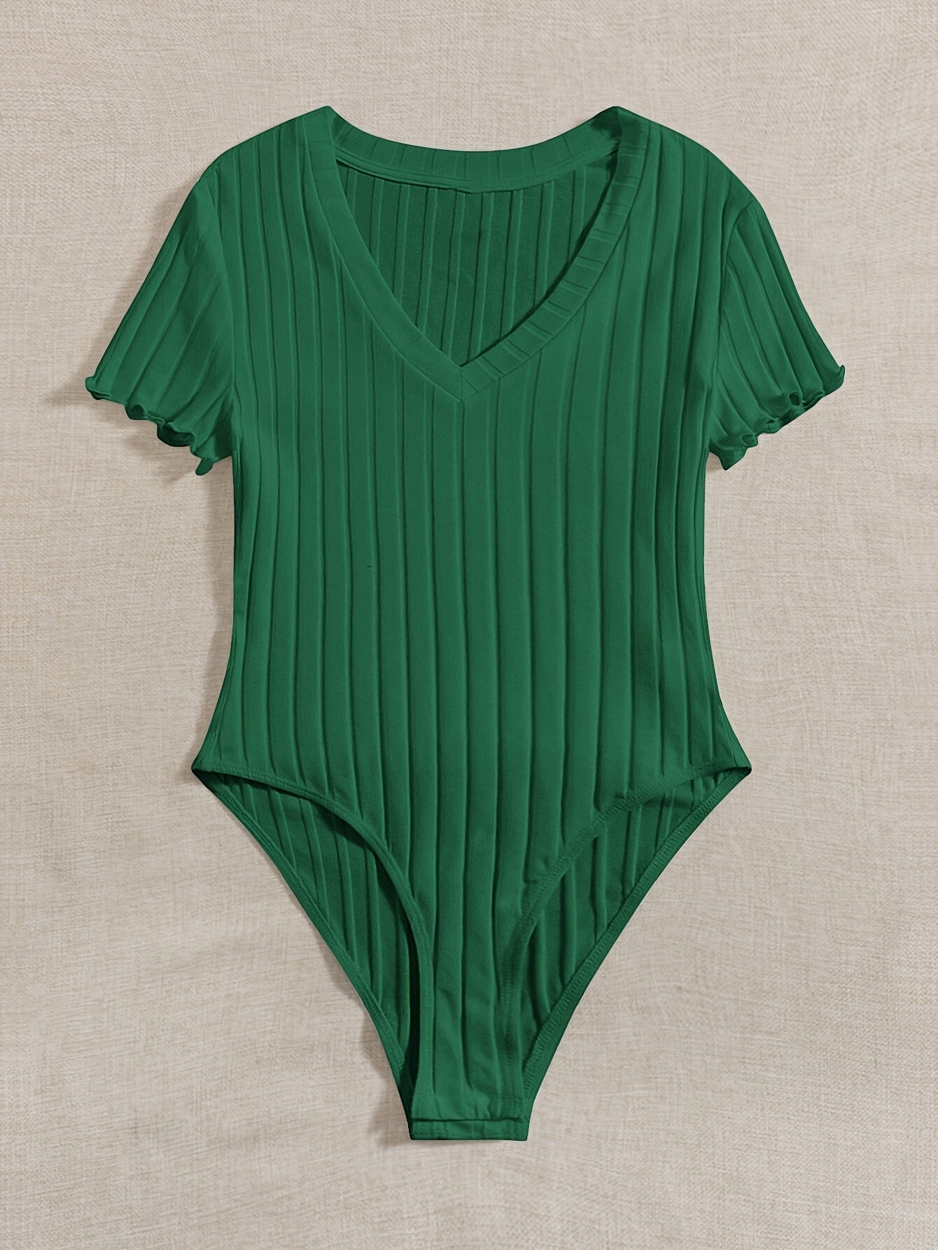 Women's Solid V Neck Rib Knit Short Sleeve Bodysuit Jersey Micro Elasticity Slim Fit