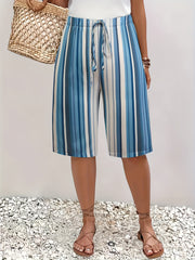 Women's Plus Size Non-Stretch Navy and White Striped Casual Mid-Pants