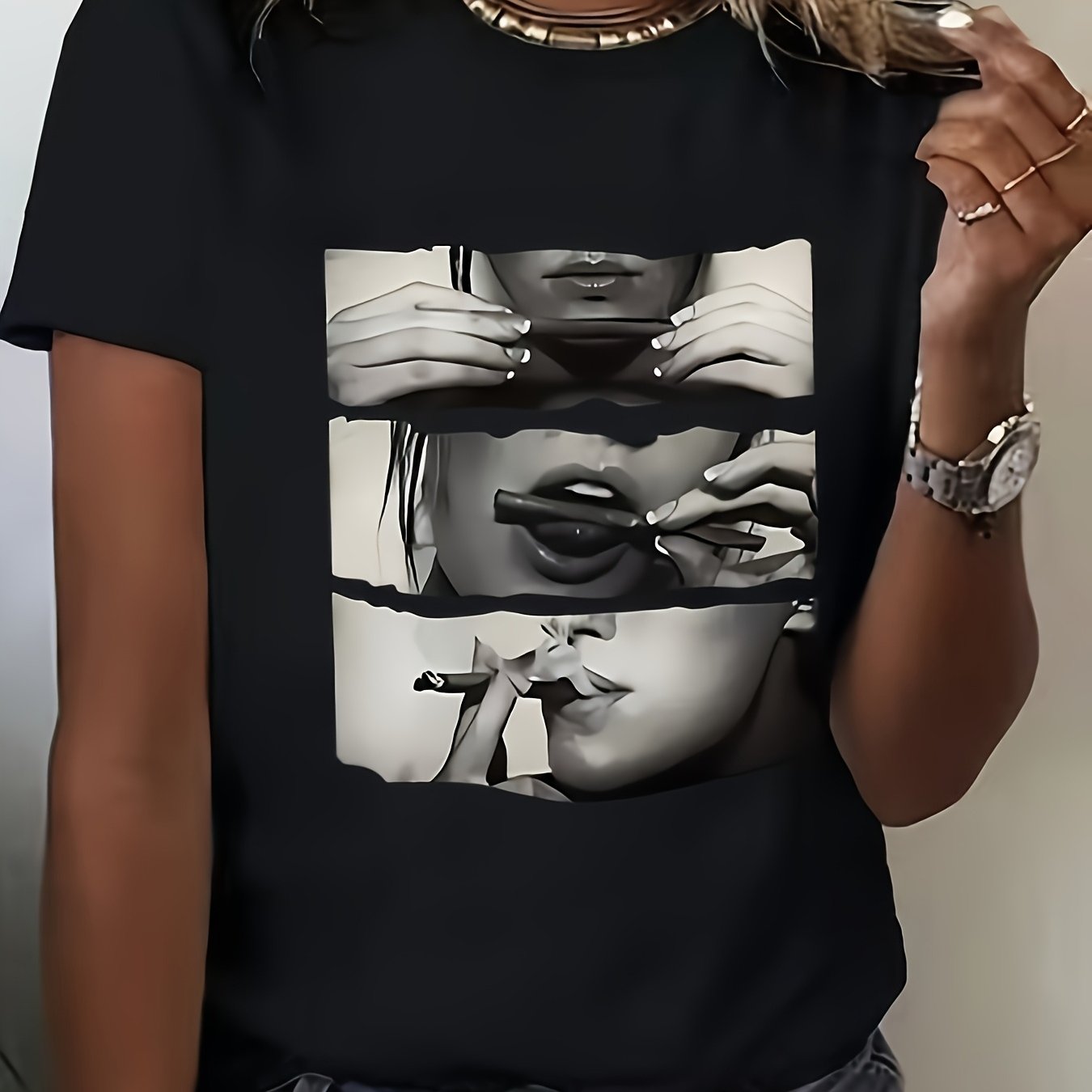 Women's Retro Artistic Print T-Shirt Black Short Sleeve Casual Top