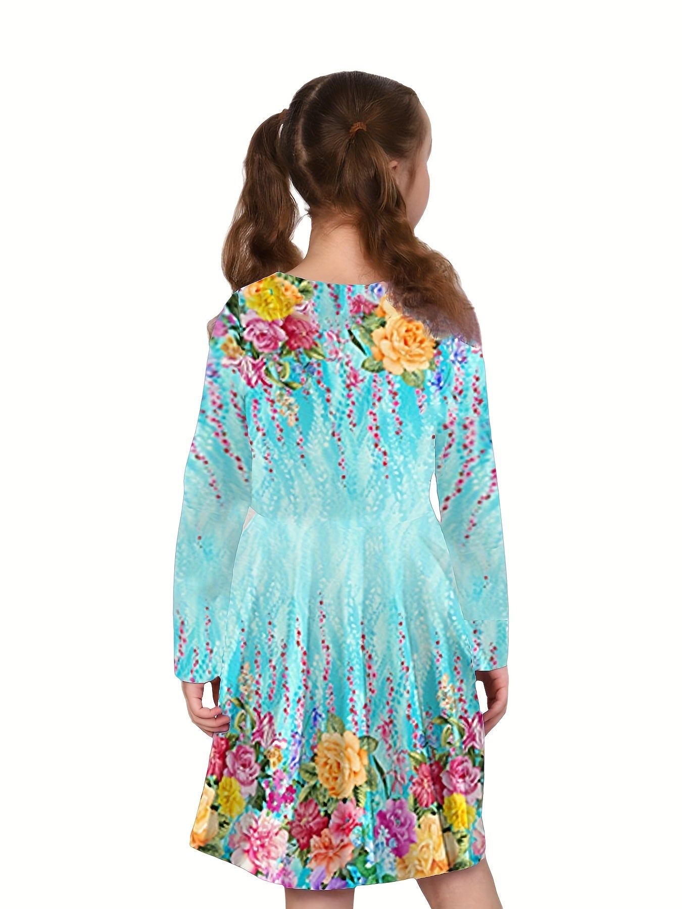 Girls' Long Sleeve Dress with Bright Floral Print, Stretchy Polyester, Fall Winter
