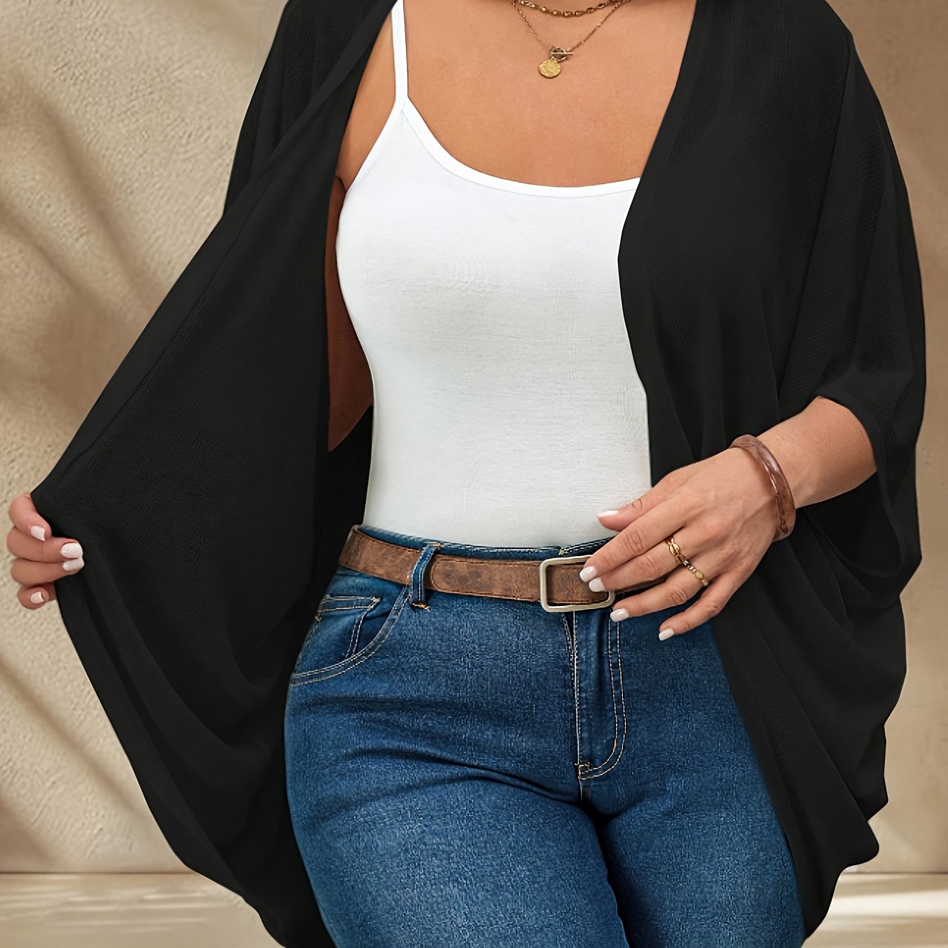 Cárdigan de mujer talla grande con abertura frontal en negro, ligero para primavera y verano