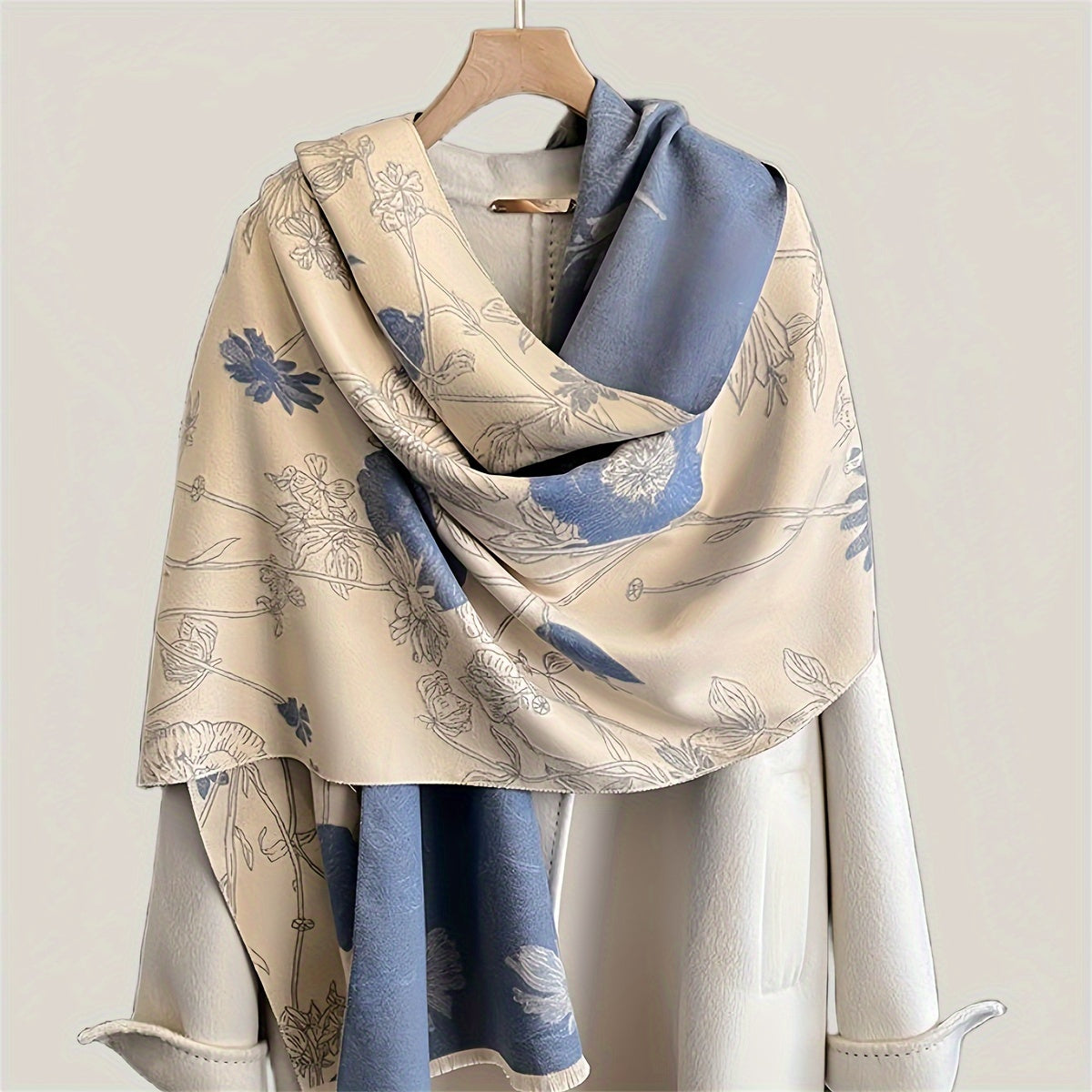 Women’s Warm Imitation Cashmere Scarf with Plant Print for Winter