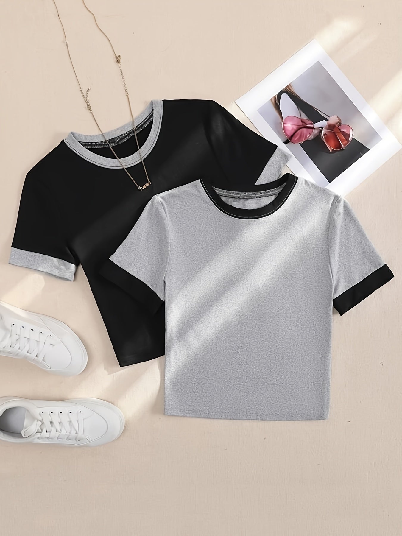 Women's Summer Short Sleeve Splicing Top Solid Color Slim Fit Polyester Knit Crew Neck Casual