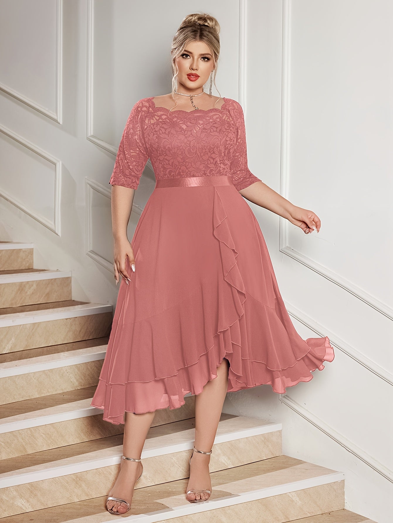 Plus Size Off Shoulder Lace Chiffon Midi Dress Ruffle Sleeve Wedding Party