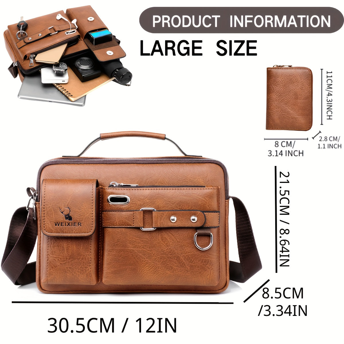 Vintage Messenger Bag Water-Resistant PU with Adjustable Shoulder Strap for Men Women