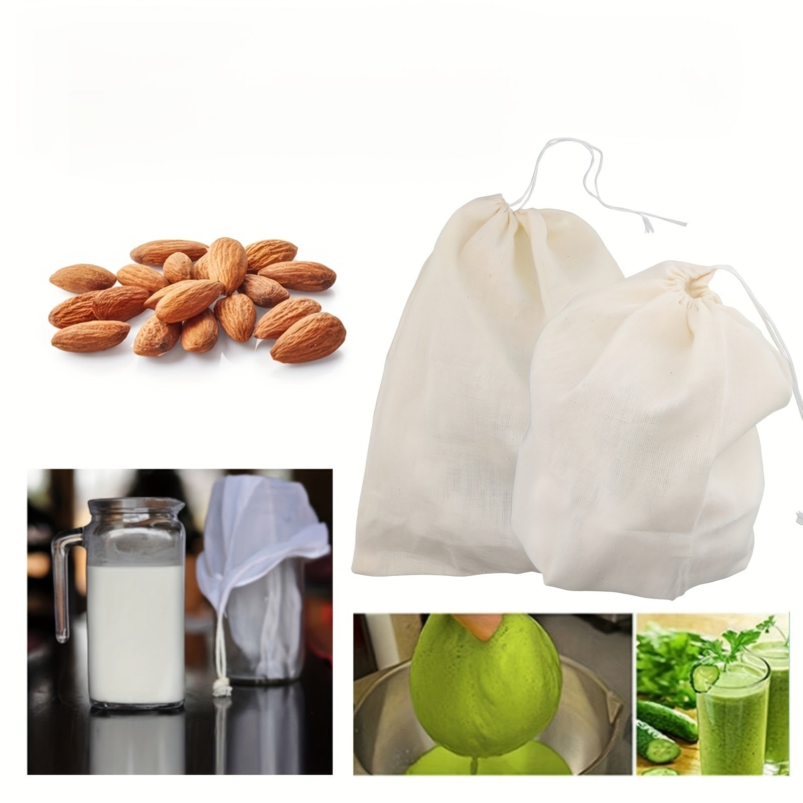Set of 5 Reusable Nut Milk Bags with Drawstrings Fine Mesh Filters for Kitchen