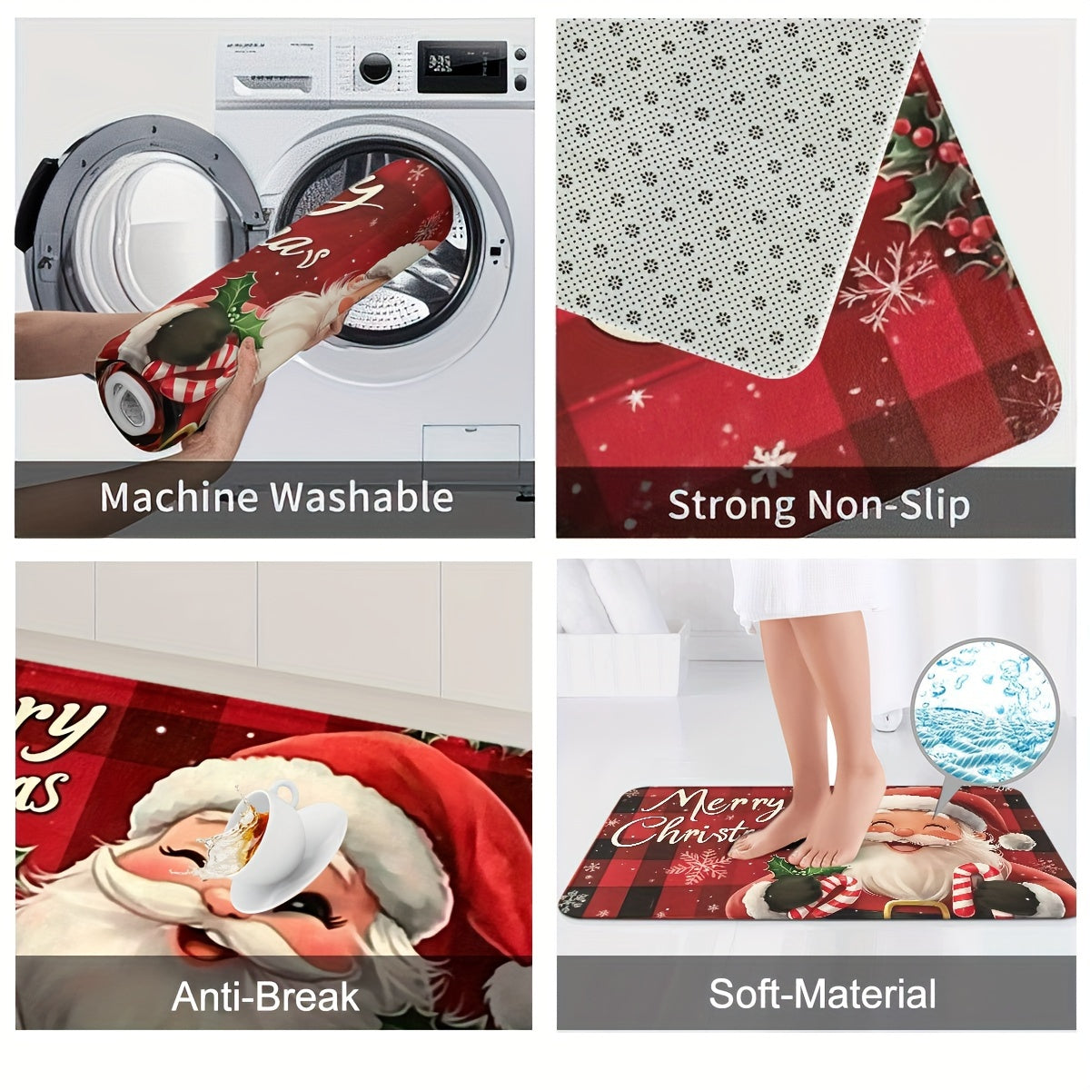 Felpudo de Santa Claus rojo antideslizante lavable a máquina decoración navideña para sala de estar cocina