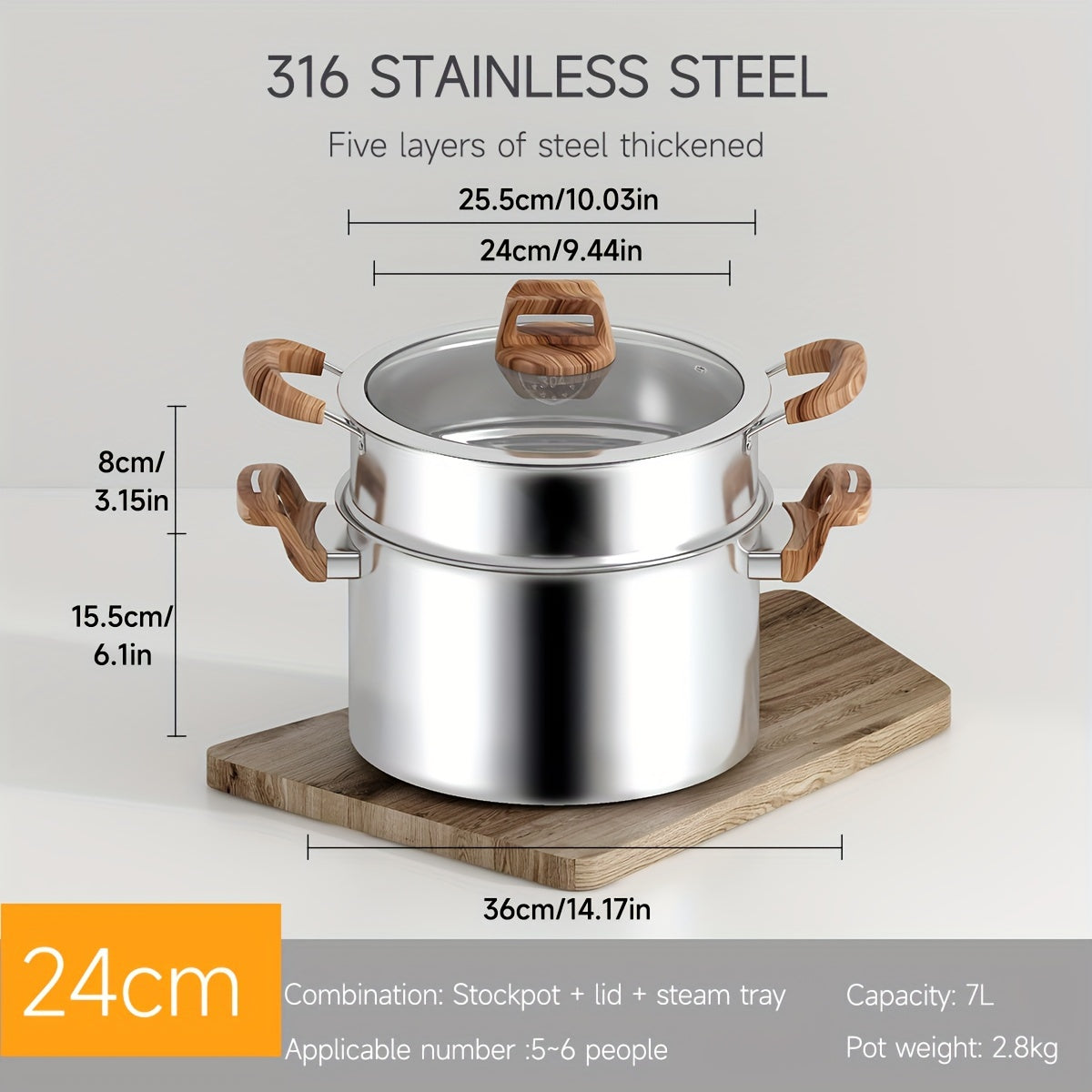 Five-Layer Steel Soup Pot with Steamer Non-Stick Induction Compatible 316 Stainless Steel