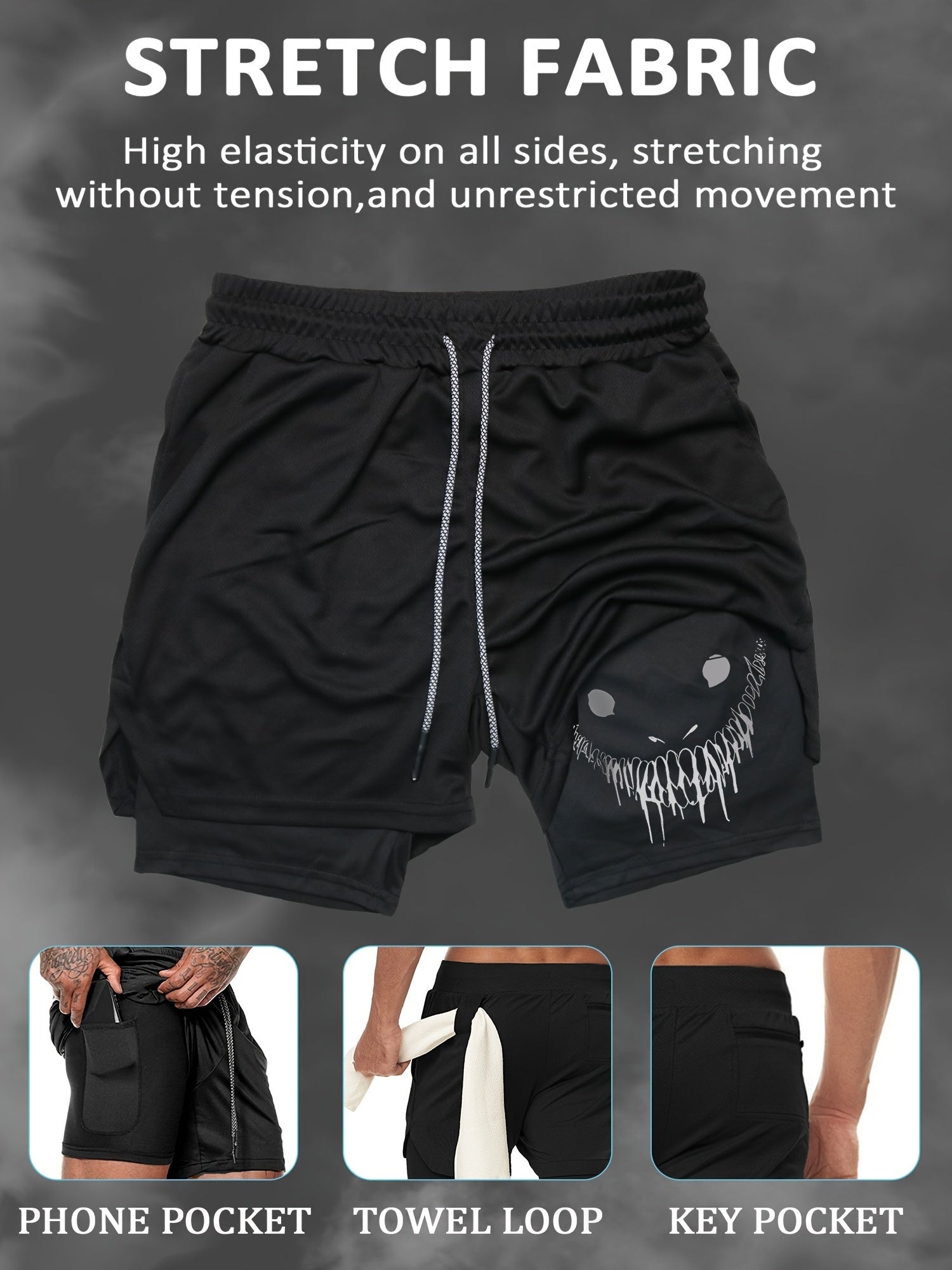 Men's Athletic Set Quick-Dry Smile Print T-Shirt and Multi-Pocket Shorts for Gym Running Outdoor