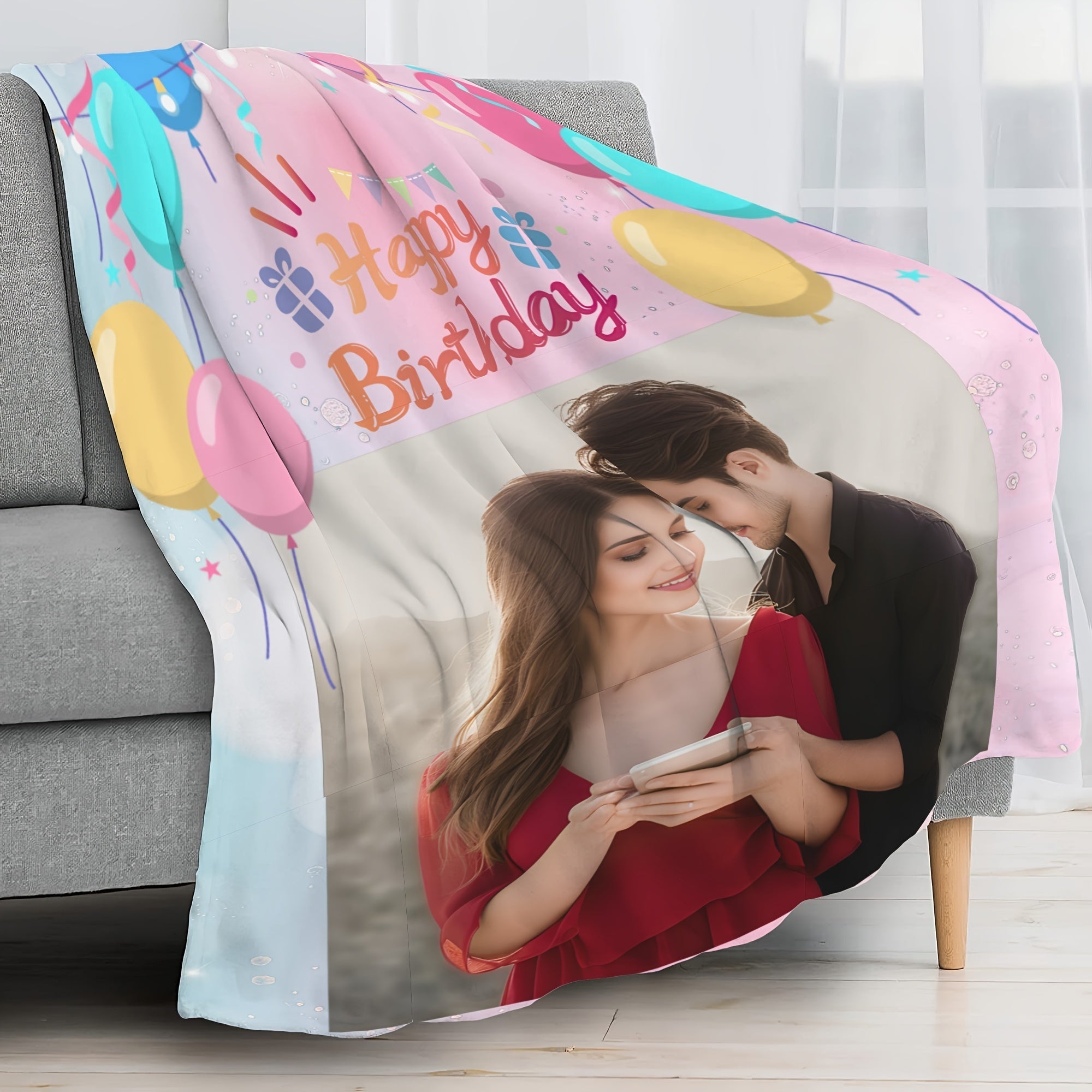 Personalized Photo Blanket with Balloons and Happy Birthday Message for Kids