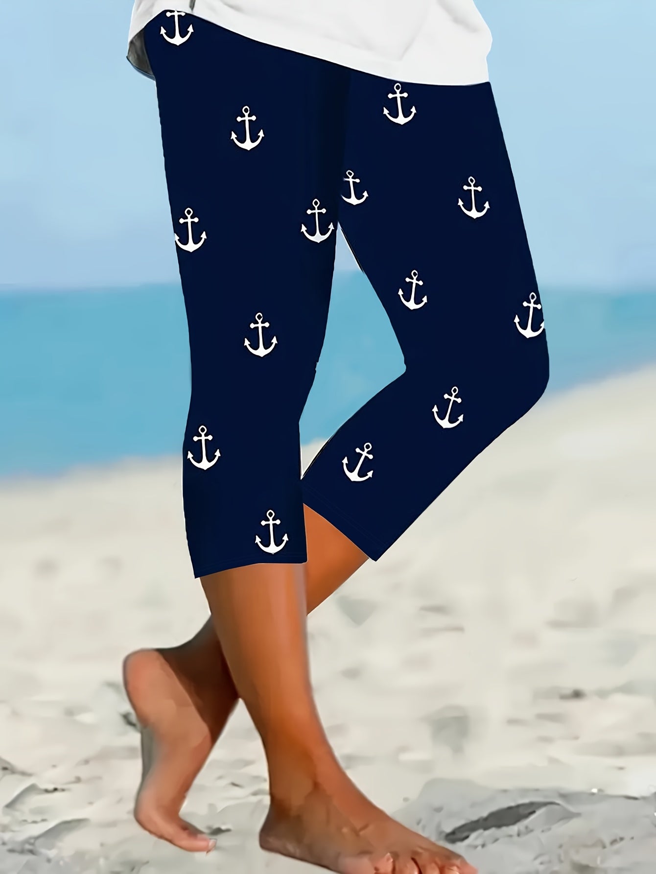 Women's Plus Size Nautical Anchor Print Capri Pants Navy White Geometric Mid-Stretch