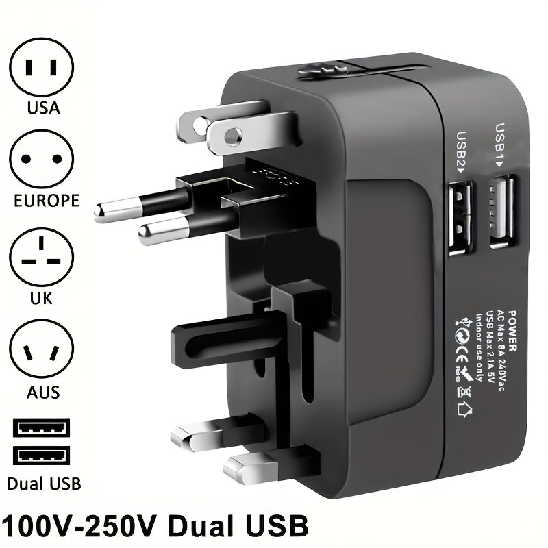 Adaptador de viaje universal con puertos USB duales para teléfonos y portátiles 110V 220V compatibilidad mundial