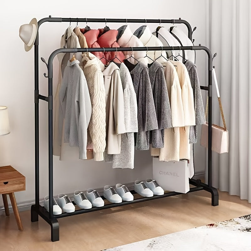Large Capacity Floor Standing Clothes Drying Rack with Double Poles for Bedroom Balcony Bathroom