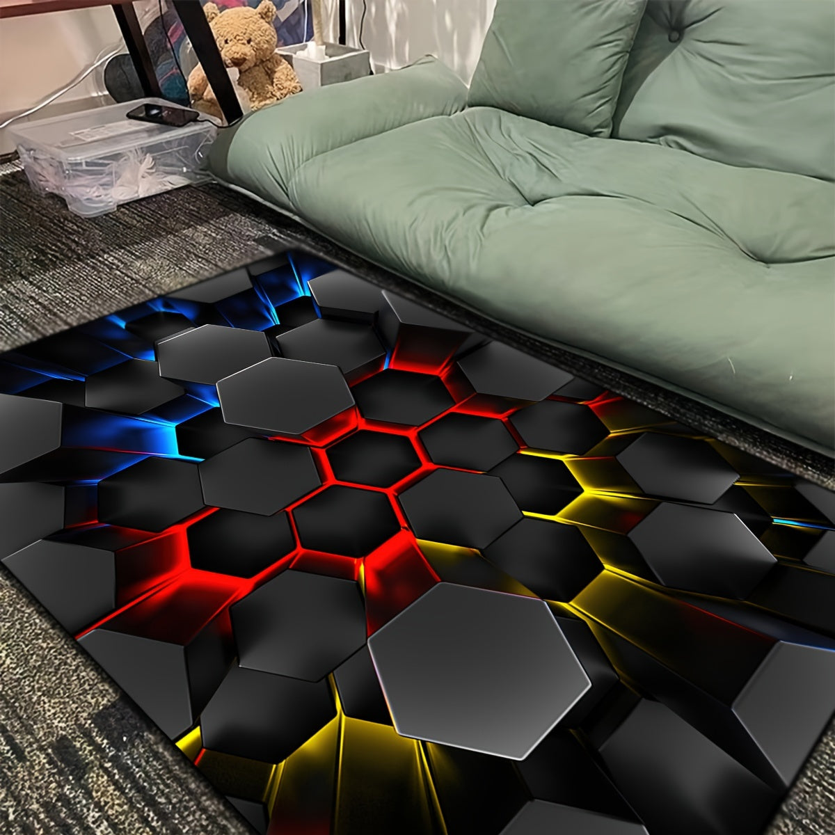 Whimsical 3D Luminous Hexagon Area Rug Soft Non-Slip Cartoon Style