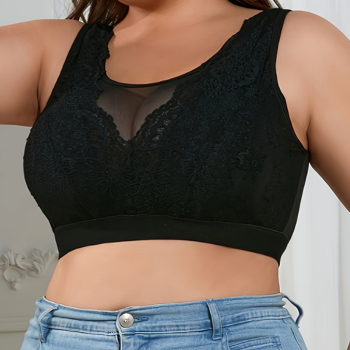 Plus o'lchamli ayollar uchun gul naqshli korsetti mesh yarim shaffof bra